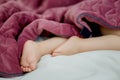 Sleeping baby legs feet under pink blanket Royalty Free Stock Photo