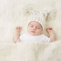 Sleeping Baby, New Born Kid Sleep in Hat, Beautiful Newborn Infant in Bed Royalty Free Stock Photo