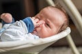 Sleeping baby in swing automatic electrical chair and sucking left thumb Royalty Free Stock Photo