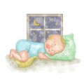 Sleeping baby with watercolor style colored illustrations