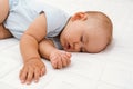 Sleeping baby on white blanket, close-up portrait Royalty Free Stock Photo