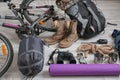 Sleeping bag, bicycle and set of camping equipment Royalty Free Stock Photo