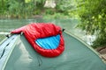 Sleeping bag on camping tent