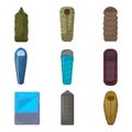 Sleeping bag icons set cartoon vector. Adventure blanket