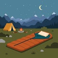 sleeping bag at peaceful mountain campsite Royalty Free Stock Photo