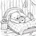 Sleeping bear cub in wooden bed with alarm clock Royalty Free Stock Photo