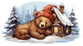 Sleeping Bear in Santa Hat: Winter\'s Peaceful Retreat Royalty Free Stock Photo