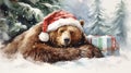 Sleeping Bear in Santa Hat: Winter\'s Peaceful Retreat Royalty Free Stock Photo