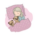 Sleeping beautiful young girl and a cute pugs. Funny Favourite pet puppy under blanket. Vector