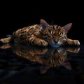 Sleeping Bengal cat reflected in dark water Royalty Free Stock Photo