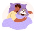 Sleeping black ethnic man with plush husky dog toy. Time relax. Cute male character. Vector illustration in flat style.