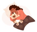 Sleeping black ethnic woman with teddy bear. Time relax. Cute female character in flat style. Vector illustration.