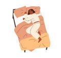 Sleeping black woman lying in bed, relaxing on pillow. African girl asleep alone. Happy person dreaming. Sleepy female Royalty Free Stock Photo