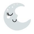 Sleeping blue crescent moon with smile, element for baby room design, cute boho sticker. Clip-art for kids, flat vector