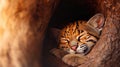 A Sleeping Bobcat Kitten in Tree Hollow Royalty Free Stock Photo