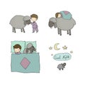 Sleeping boy and cute cartoon sheep. Good night. sleep time. Print for pajamas . Royalty Free Stock Photo