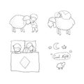 Sleeping boy and cute cartoon sheep. Good night. sleep time. Print for pajamas . Royalty Free Stock Photo