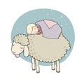 Sleeping boy and cute cartoon sheep. Good night. sleep time. Print for pajamas . Royalty Free Stock Photo