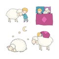 Sleeping boy and cute cartoon sheep. Good night. sleep time. Print for pajamas . Royalty Free Stock Photo