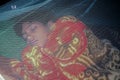 A sleeping boy inside a mosquito net,the safest and easiest way to prevent mosquitoes