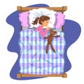 Sleeping brunette baby girl. Bedtime. Cartoon character girl.