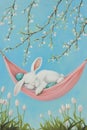 Sleeping bunny in a hammock, serene springtime illustration. Perfect for children\'s illustrations. AI Generated
