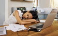 Sleeping, burnout and tired business woman exhausted after home office working hours, overtime and sleepless or mental Royalty Free Stock Photo