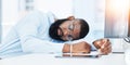 Sleeping, burnout and tired businessman in office overwhelmed by deadlines with fatigue at desk. Lazy worker, depressed Royalty Free Stock Photo