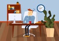 Sleeping businessman in office looking monitor. Color vector illustration