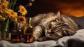 a sleeping cat on a massage towel, surrounded by bottles of aromatic oil and chamomile flowers in the foreground, a