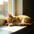 Sleeping cat stretched out on sunny windowsill, black, tortoiseshell Royalty Free Stock Photo
