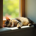 Sleeping cat stretched out on sunny windowsill, indoor, feline, stretch Royalty Free Stock Photo