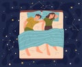 Sleeping characters in bed, lying asleep couple in night sky. Young family or couple night time resting vector illustration.