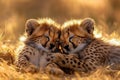 Sleeping Cheetah Cubs in Golden Light Royalty Free Stock Photo