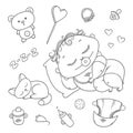 Sleeping child and kitten. Hygiene items, baby care and toys. Chubby curly asleep kid with pacifier in his mouth in