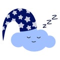 A sleeping cloud in a sleeping hat. Cartoon character. Lullaby theme. Vector illustration