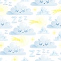 Sleeping clouds and stars watercolor seamless pattern