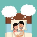 Sleeping couple in bed dreaming hugging happy