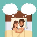 Sleeping couple in bed embracing dreaming