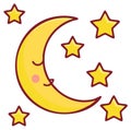 Sleeping crescent moon and stars smiling. Yellow celestial bodies illustration Royalty Free Stock Photo