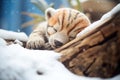 sleeping cub in a miniature snow den Royalty Free Stock Photo