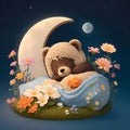 sleeping cute bear the bed which covered full of flowers, good night world