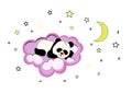 Sleeping cute panda on a violet cloud in sky with stars and moon Royalty Free Stock Photo