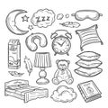 Sleeping doodle set. Sleep pillow feathers dream zzz night dreaming. Bedtime vector hand drawn collection