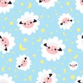 Sleeping dreams pattern. vector illustration seamless sheep animal. blue pattern for girls with cute sheep in the starry sky .