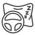 Sleeping driver on road line icon. Pillow and vehicle steering wheel symbol, outline style pictogram on white background