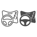Sleeping driver on road line and solid icon. Pillow and vehicle steering wheel symbol, outline style pictogram on white