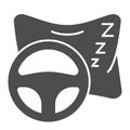Sleeping driver on road solid icon. Pillow and vehicle steering wheel symbol, glyph style pictogram on white background