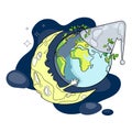 Sleeping earth globe with moon cute vector illustration.World sleep day concept with planet.Earth hour baner