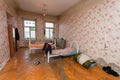 Sleeping and eating area for refugees in the temporary apartment for living Royalty Free Stock Photo